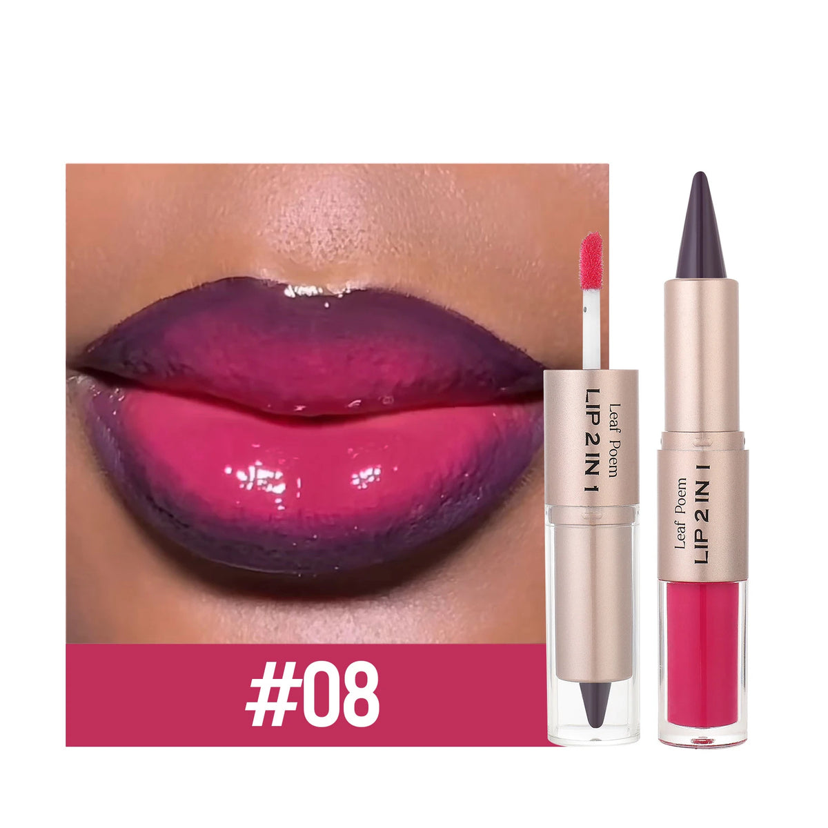 Black and brown tapered lip liner and contour pencil with double-ended mirror, featuring plumping lip glaze, crystal gloss, and red lip tint.
