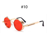 Vintage steampunk red sunglasses for men and women with round punk alloy metal frames, gothic style shades.
