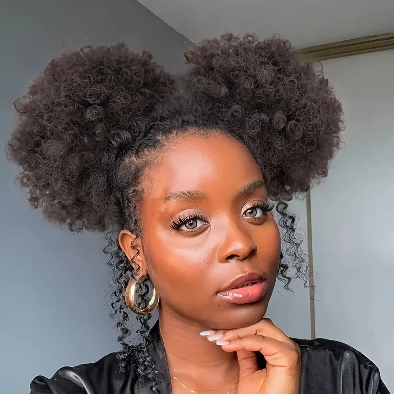 Afro puff drawstring ponytail addition with voluminous kinky curly human hair for women