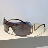 Y2K rimless sunglasses for women with snake ray metal legs and gradient wrap-around lenses, stylish punk-inspired eyewear