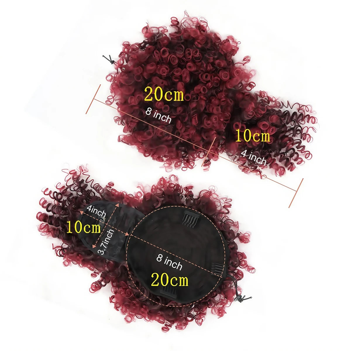 Ombre burgundy curly afro puff drawstring ponytail bun with bangs by HSF Marketplace