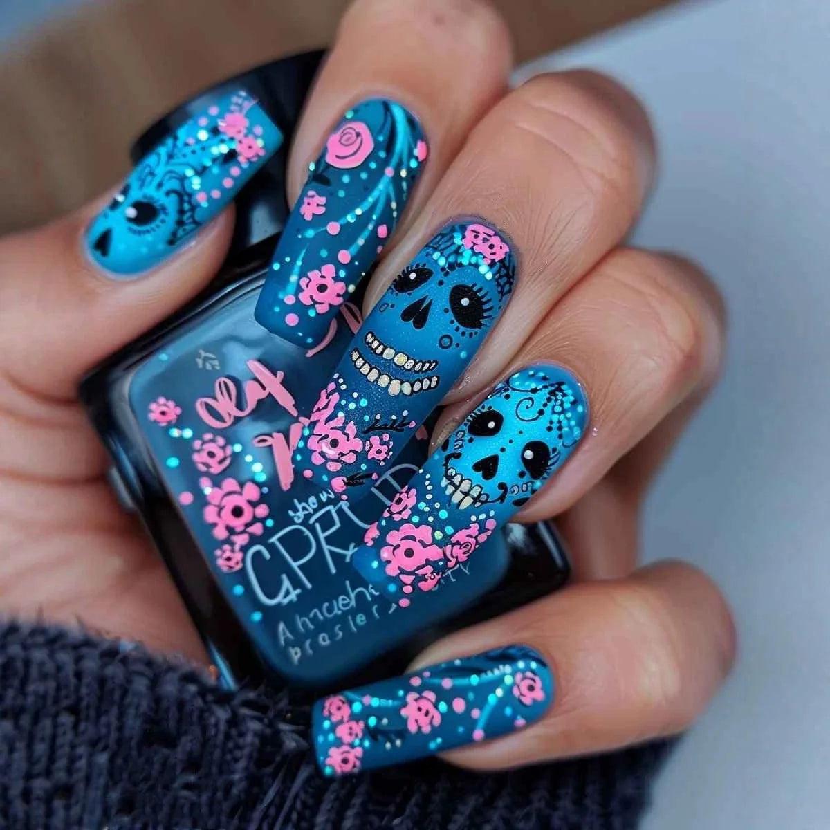 24-piece glitter pink skull print press-on false nails by HSF Marketplace