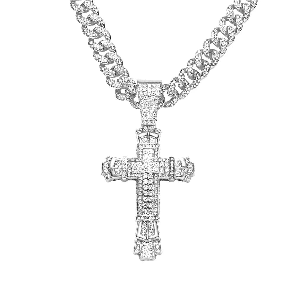 Gold personalized cross pendant necklace with hip-hop style diamond accents, stylish jewelry piece by HSF Marketplace.