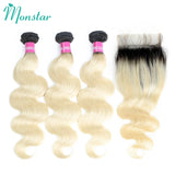 Monstar 1B 613 Blonde Ombre Bundles Brazilian Weave with 4x4 Closure 2/3/4 Bundles 8 - 32 Inch Remy Body Wave Hair with Closure