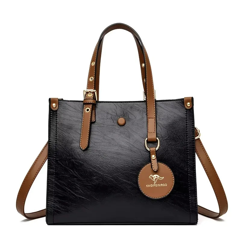 Genuine soft PU leather handbag for women, vintage shoulder tote bag with large capacity, luxury designer purse in classic style.