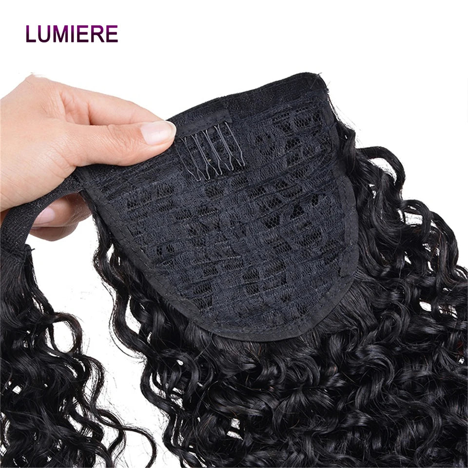 Afro kinky deep water curly wave wrap-around clip-in ponytail, virgin raw human hair, natural color, HSF Marketplace