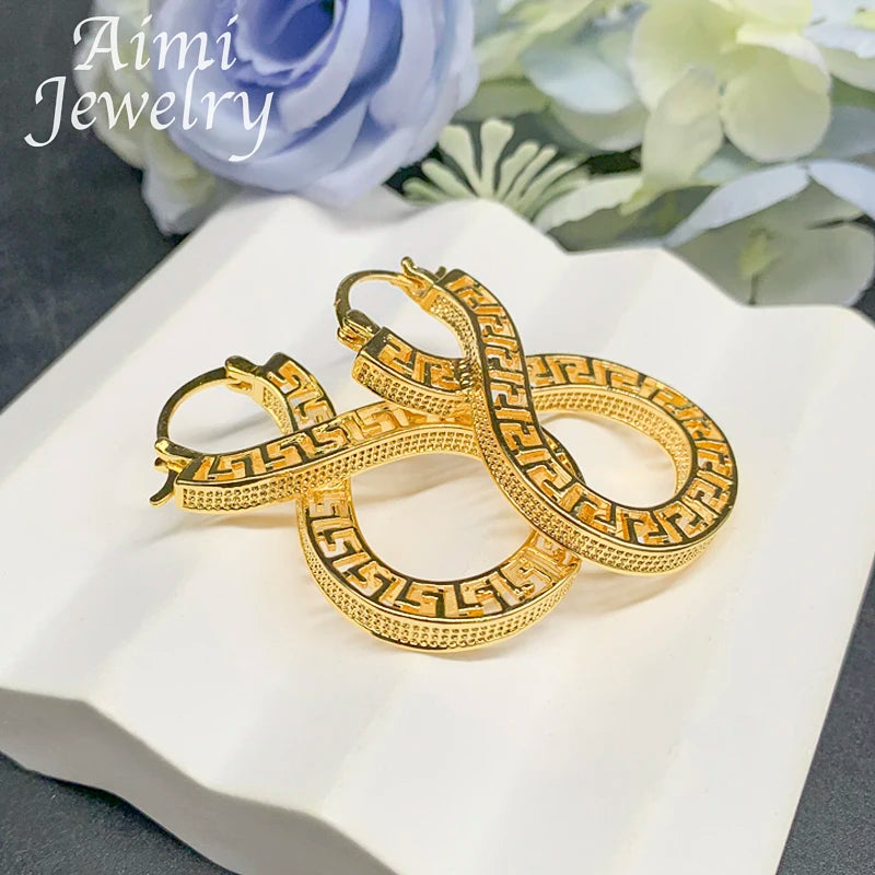 Original vintage Dubai gold plated hoop earrings for women, hollow copper drop African jewelry set