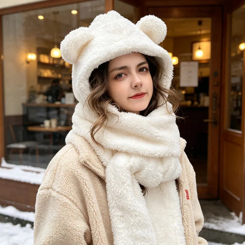 Women's winter bear ear hat, scarf and gloves set in plush warm fabric by HSF Marketplace