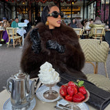 Brown faux fur women's warm jacket for elegant casual style by HSF Marketplace