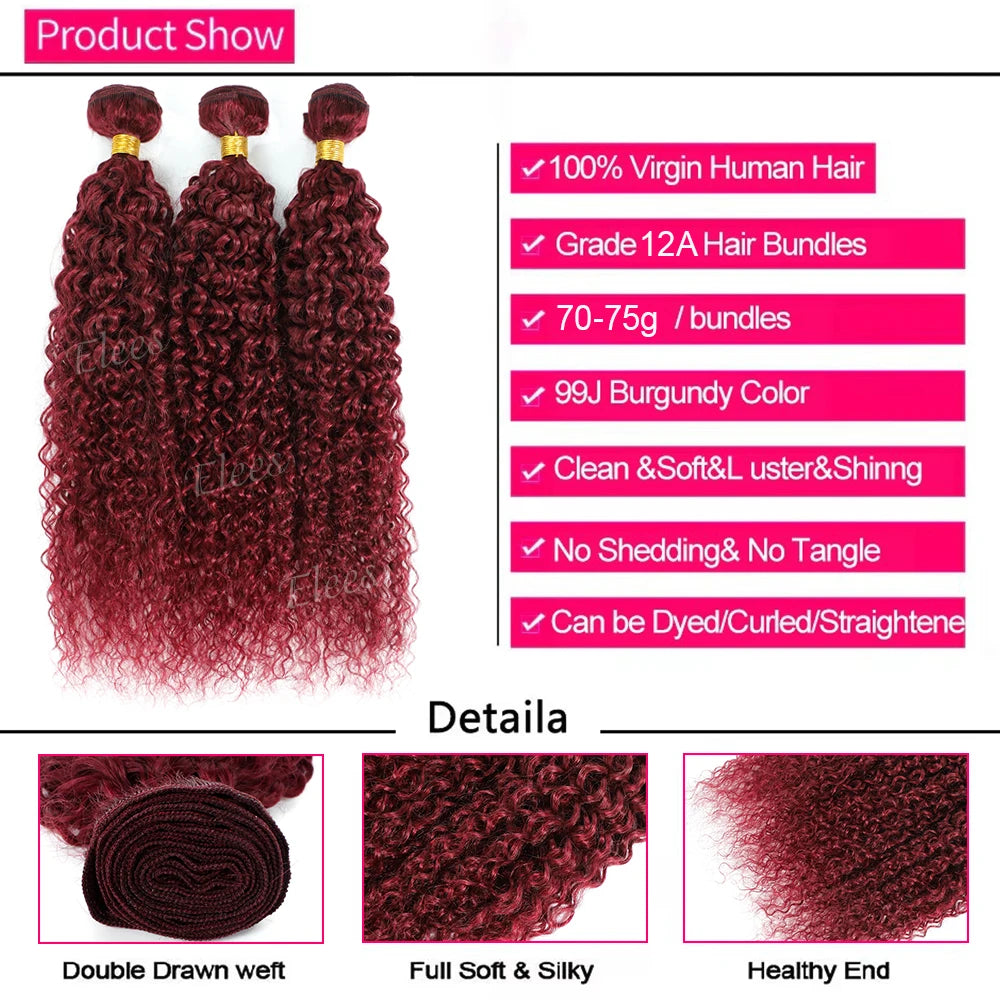 12A Water Wave Bundles With Closure 99J Burgundy Wet and Wavy Virgin Curly Deep Wave 100% Human Hair Bundles With Closure