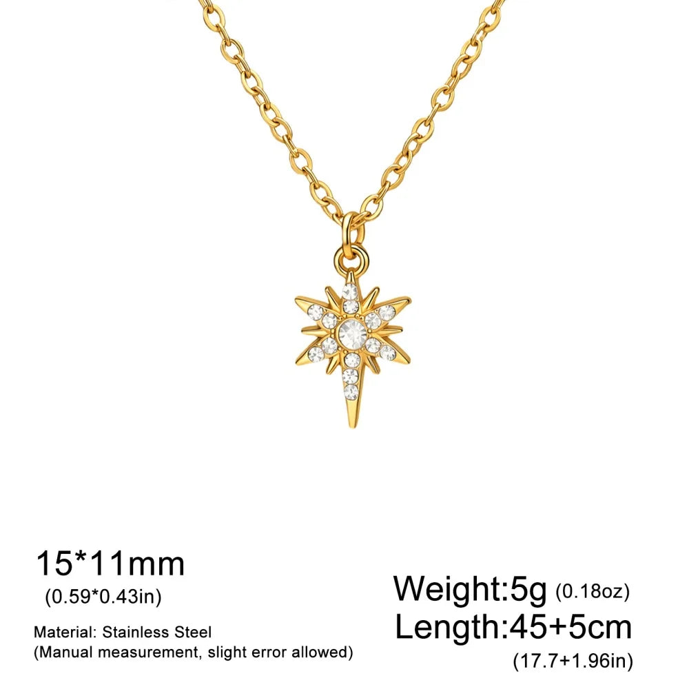 Gold stainless steel North Star pendant necklace for women with zircon stones, waterproof jewelry, featuring an eight-pointed star design.