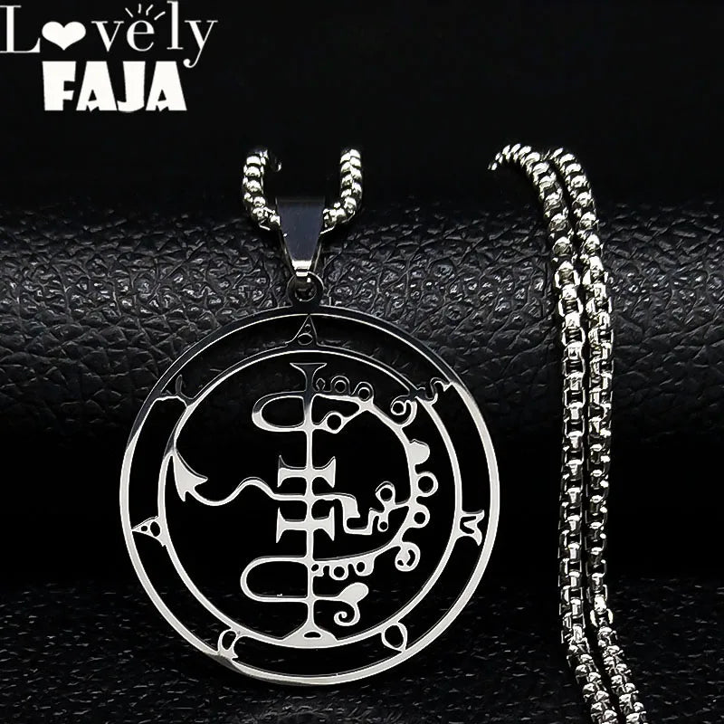 Stainless steel Satan necklace featuring Baphomet and sigil designs, with chain and laser-etched details, jewelry by HSF Marketplace