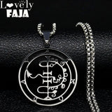 Stainless steel Satan necklace featuring Baphomet and sigil designs, with chain and laser-etched details, jewelry by HSF Marketplace