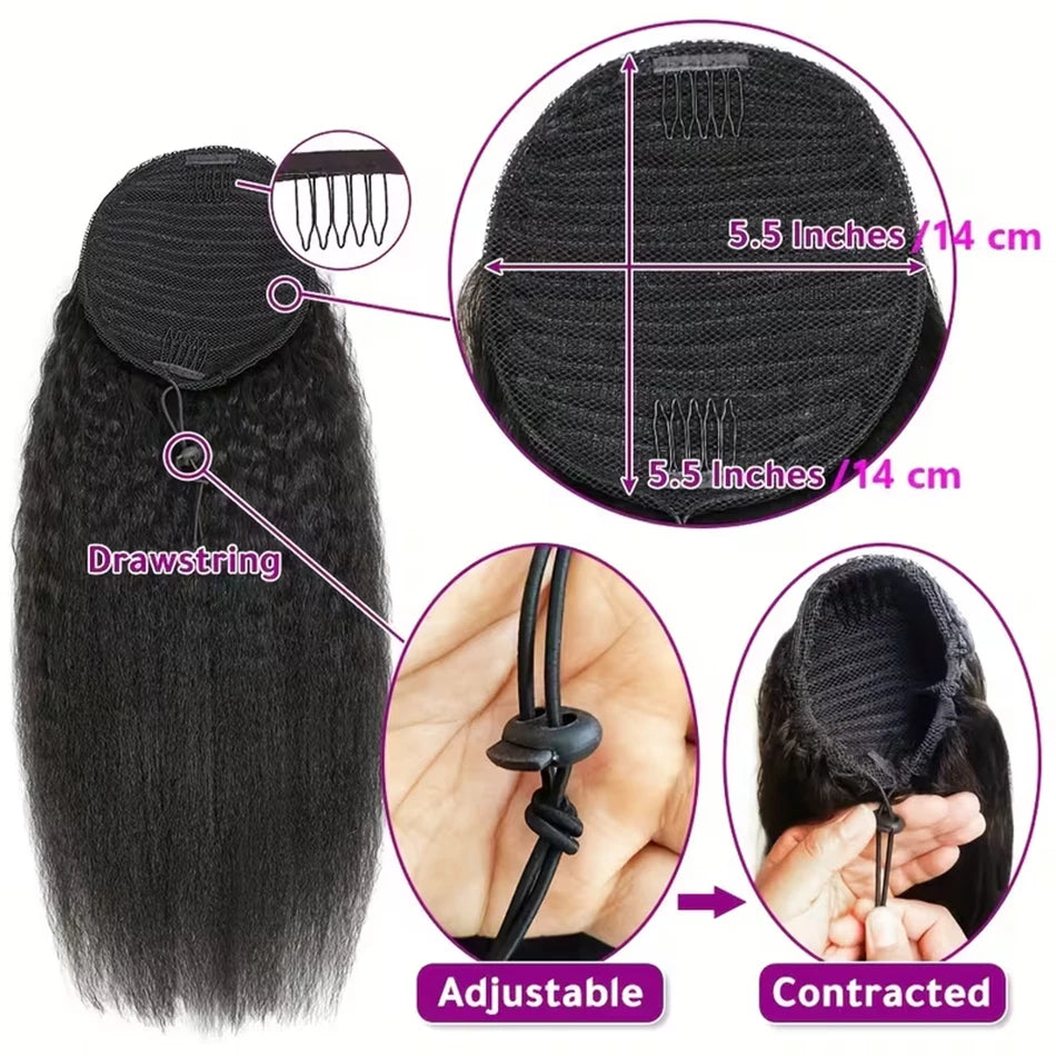 Human Hair Kinky Straight Drawstring Ponytail Extension, Yaki Straight Clip-In, 12-24 Inch brunette style