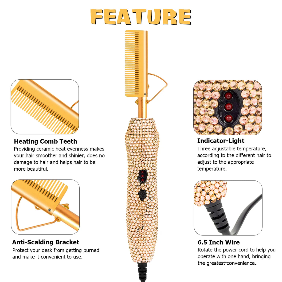 400℉ Hot Comb for Wigs & Human Hair, 2 in 1 Hair Straightener & Curler Bling Hot Hair Comb for Travel, Daily Use, Salon Grade