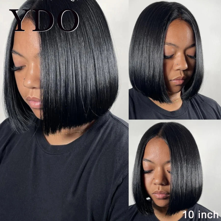 Straight 250% glueless bob human hair wig with HD lace frontal and 6x6 lace closure options for women