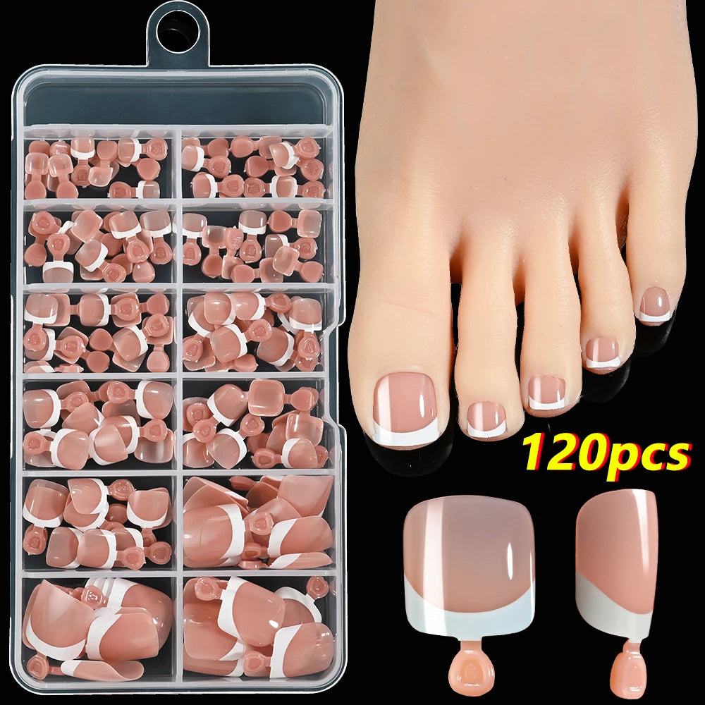 Pink French tip press-on toenails by HSF Marketplace, square-shaped short false toenails with glossy finish