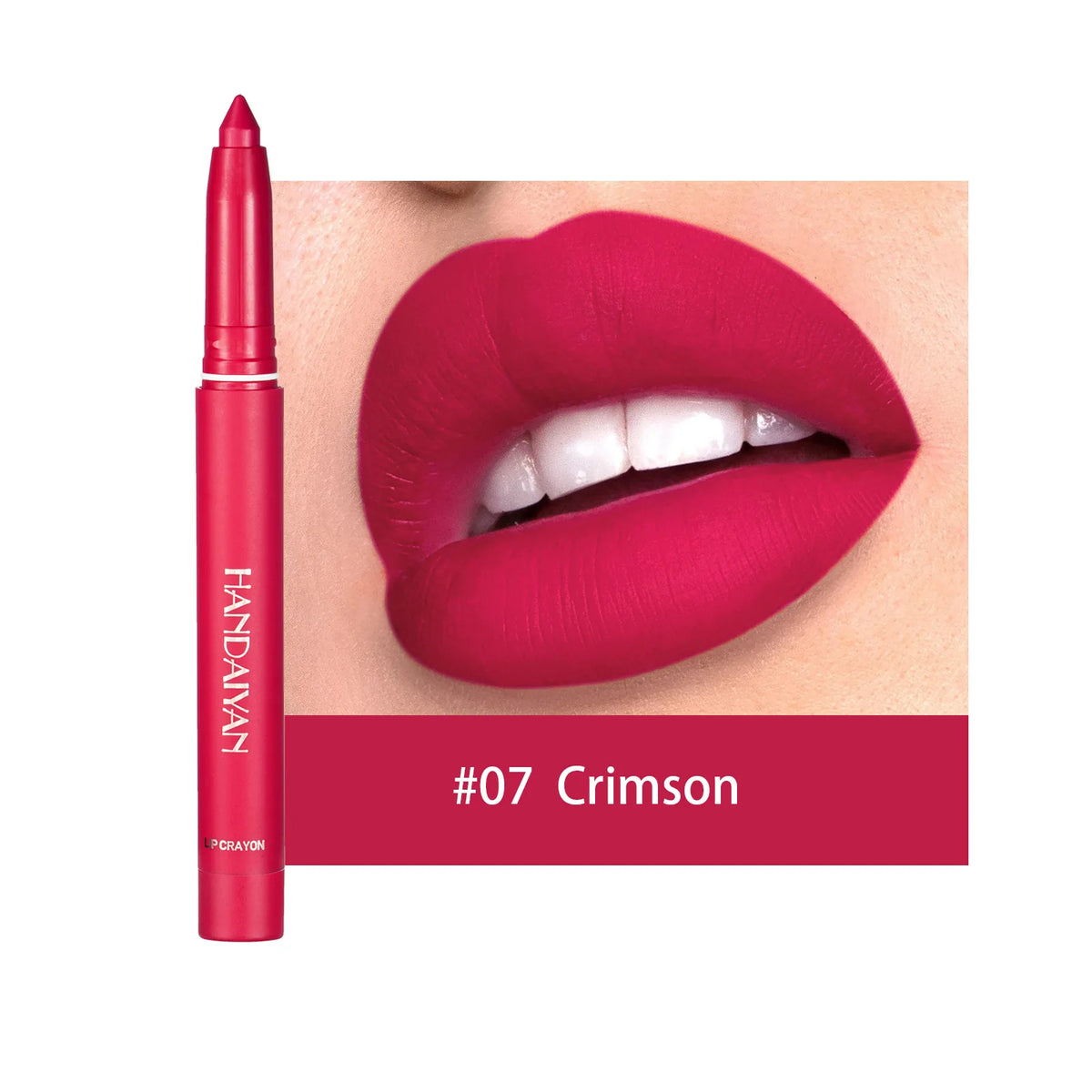 Close-up of HSF Marketplace waterproof cherry red matte lipstick and lip liner pencil with natural nude pink lip contour.