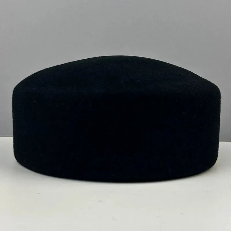 Women's vintage wool felt beret hat with hard concave top, pillbox style for wedding or cocktail parties