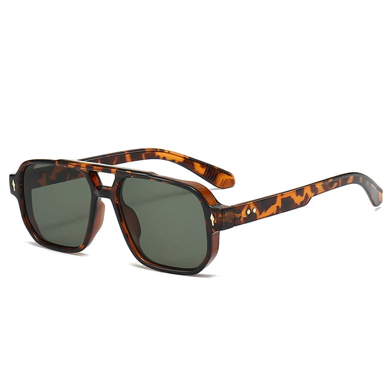 Vintage double bridge square sunglasses with clear ocean lenses, rivet details, UV400 protection, for men and women.