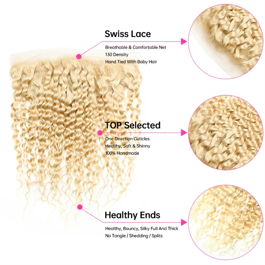 Face Beauty 613 Blonde Frontal Clodure with Bundles Remy 3/4 Peruvian Human Hair Deep Wave Curly Bundles with 13x4 Lace Frontal