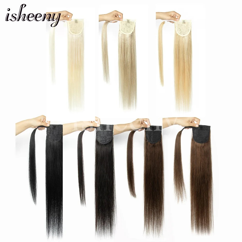 Isheeny straight Brazilian Remy human hair ponytail extension, 14–24 inch wrap clip-in, natural finish