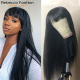 Reddish brown human hair wig with straight style and bangs, layered cut, natural look, by HSF Marketplace.