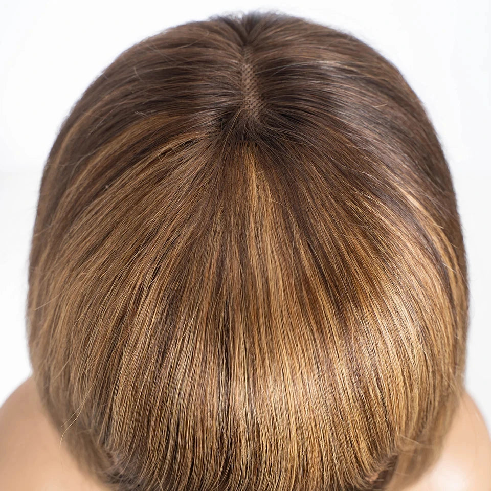 Rebecca human hair wig for women, straight bob style in ombré blonde and brown, lace 3x1 part, Brazilian, real woman wig.