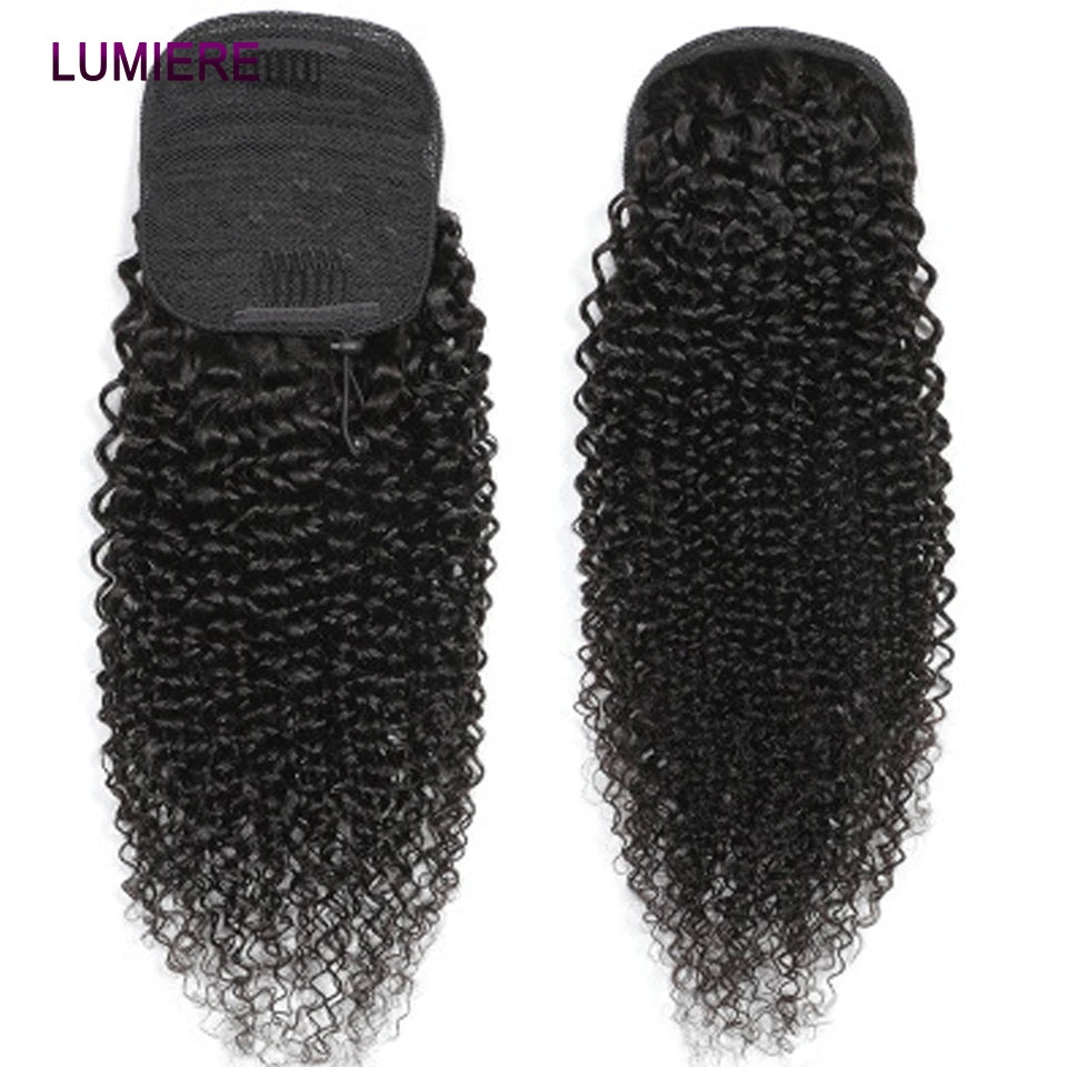 Afro kinky deep water curly wave ponytail wrap-around clip-in extension, virgin raw human hair, natural color