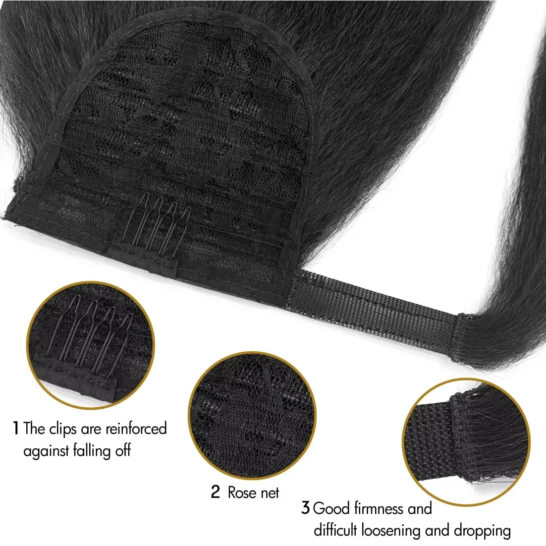 Kinky straight Brazilian Remy human hair wrap-around ponytail extension in natural color for women