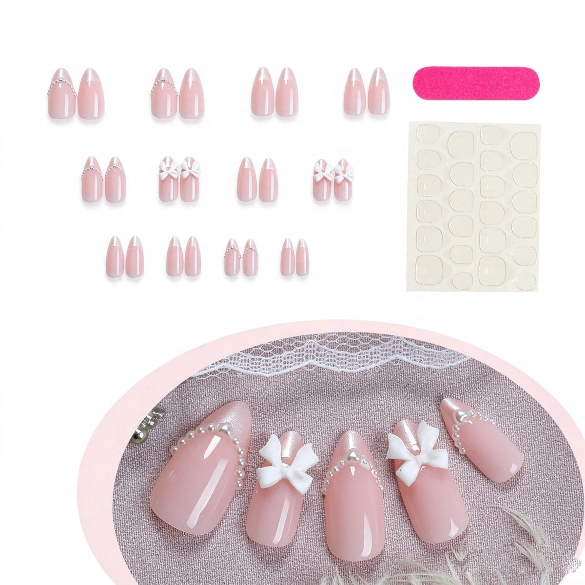 24-piece white almond-shaped press-on false nails with handmade bow and pearl decorations by HSF Marketplace