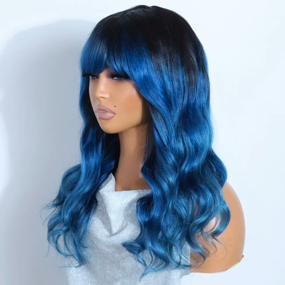 Blue Rebecca T1B human hair wig with bangs, body wave style, full machine-made Brazilian 180D wig for women and cosplay.