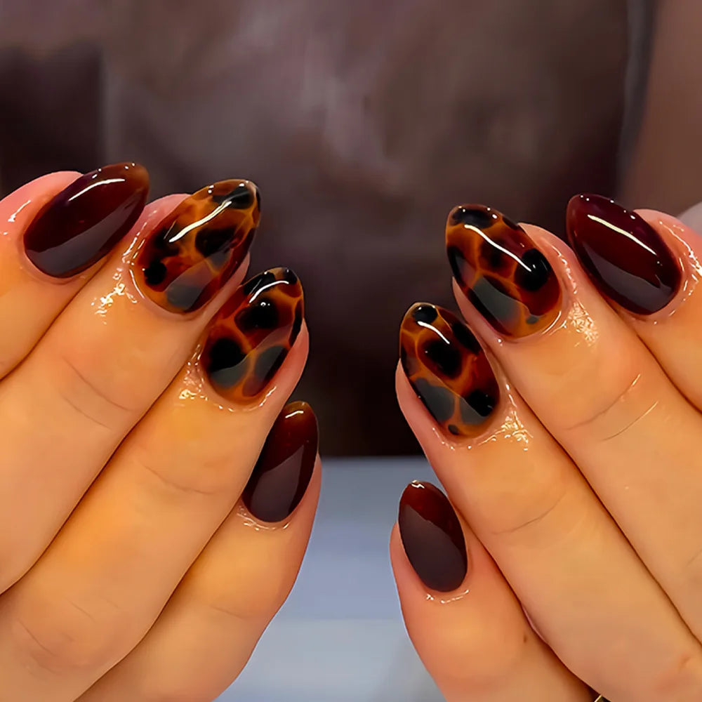 24-piece brown leopard print cat's eye press-on false nails by HSF Marketplace, almond full-round design