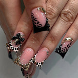 24pc nude pink short duckbill false nails with leopard print French tips, 3D bowknots, butterflies and cherries by HSF Marketplace