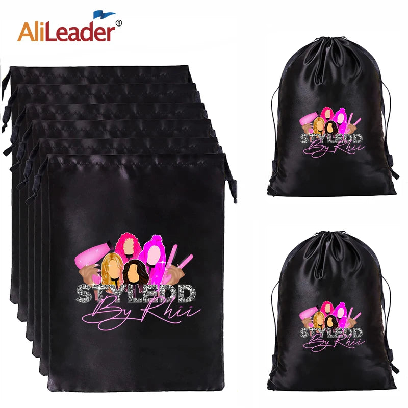 Silk wig storage bags by HSF Marketplace for hair extensions, featuring drawstring satin design for secure hair bundle storage.