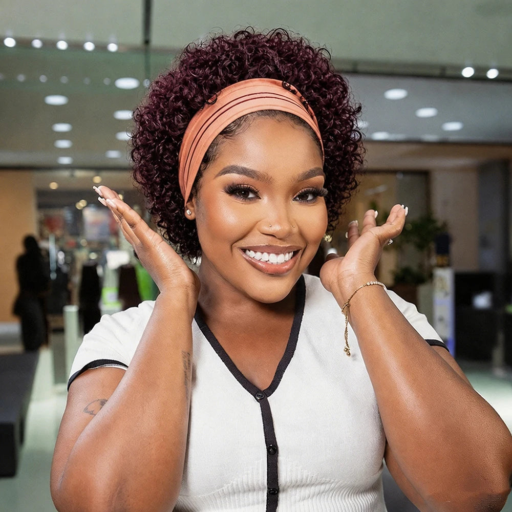 HSF Marketplace short pixie cut headband wig in curly Brazilian Remy human hair with water wave texture