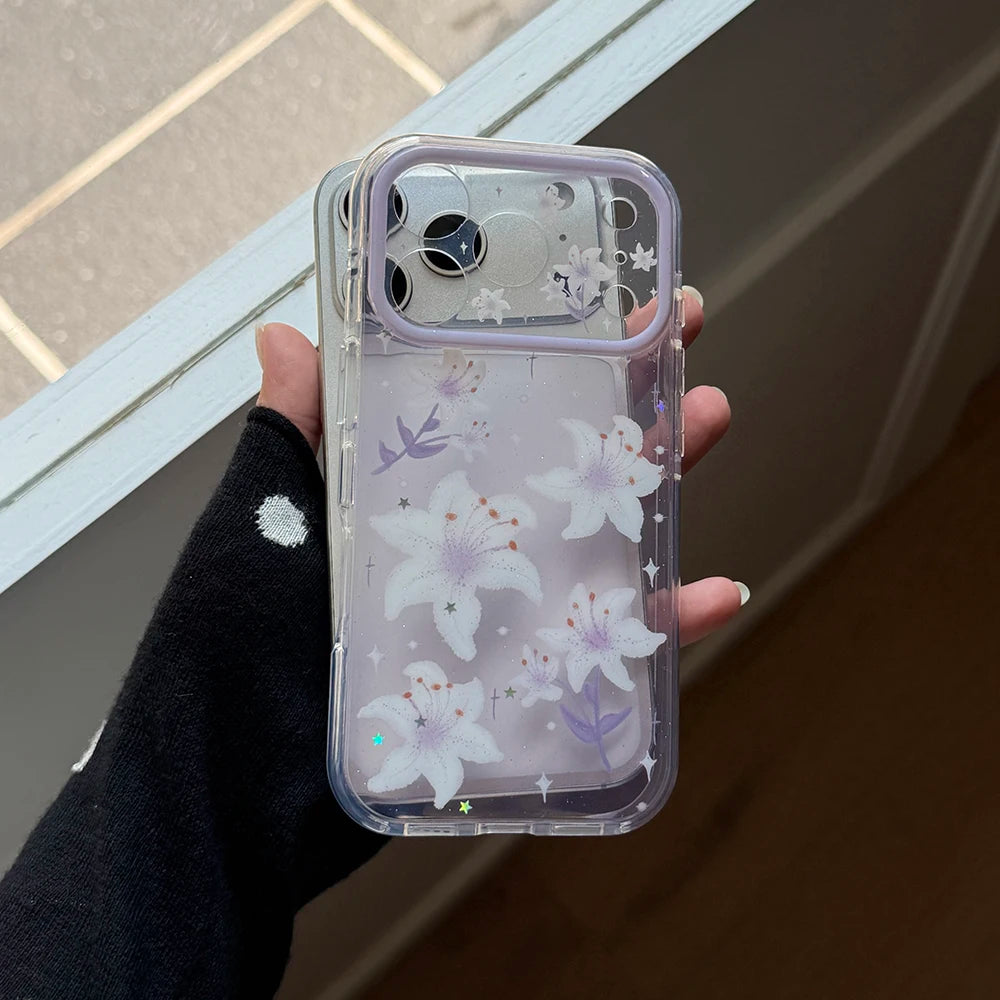 Glitter Lily Flower Shockproof Phone Case for iPhone 15-18 Models