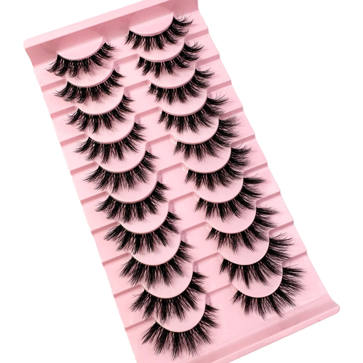10 pairs of natural long transparent stem 3D mink manga eyelashes, fluffy soft cross false lashes for makeup and beauty.