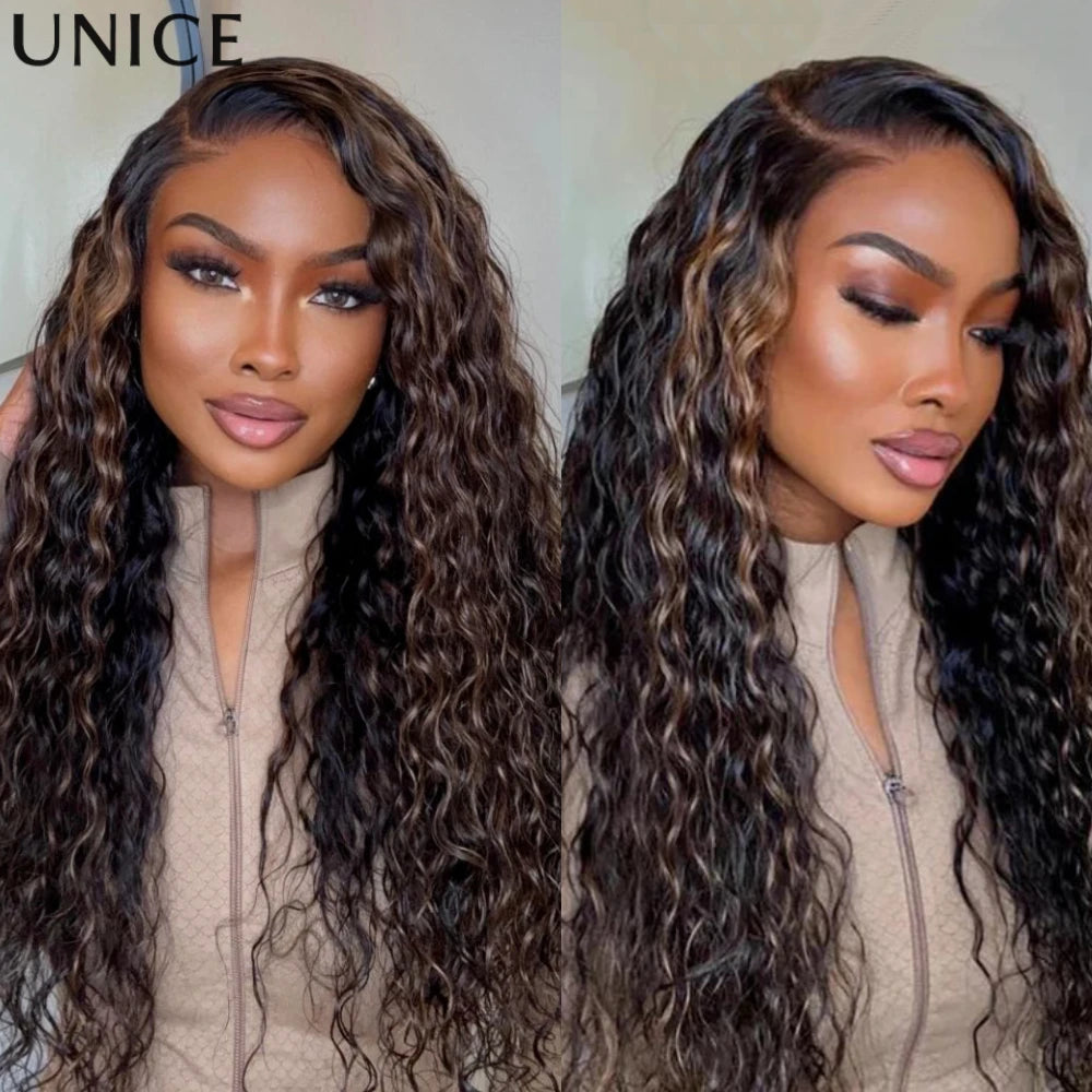 UNice Brown Highlights Water Wave Human Hair Wigs Side Part 7x5 Lace Pre Cut Pre Bleached Glueless Wig 150% Density