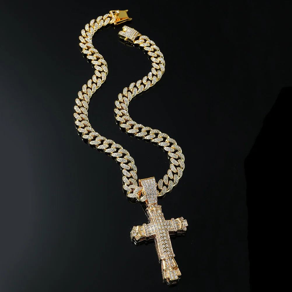 Gold personalized cross pendant necklace with hip-hop style diamond accents, featuring a European and American design.