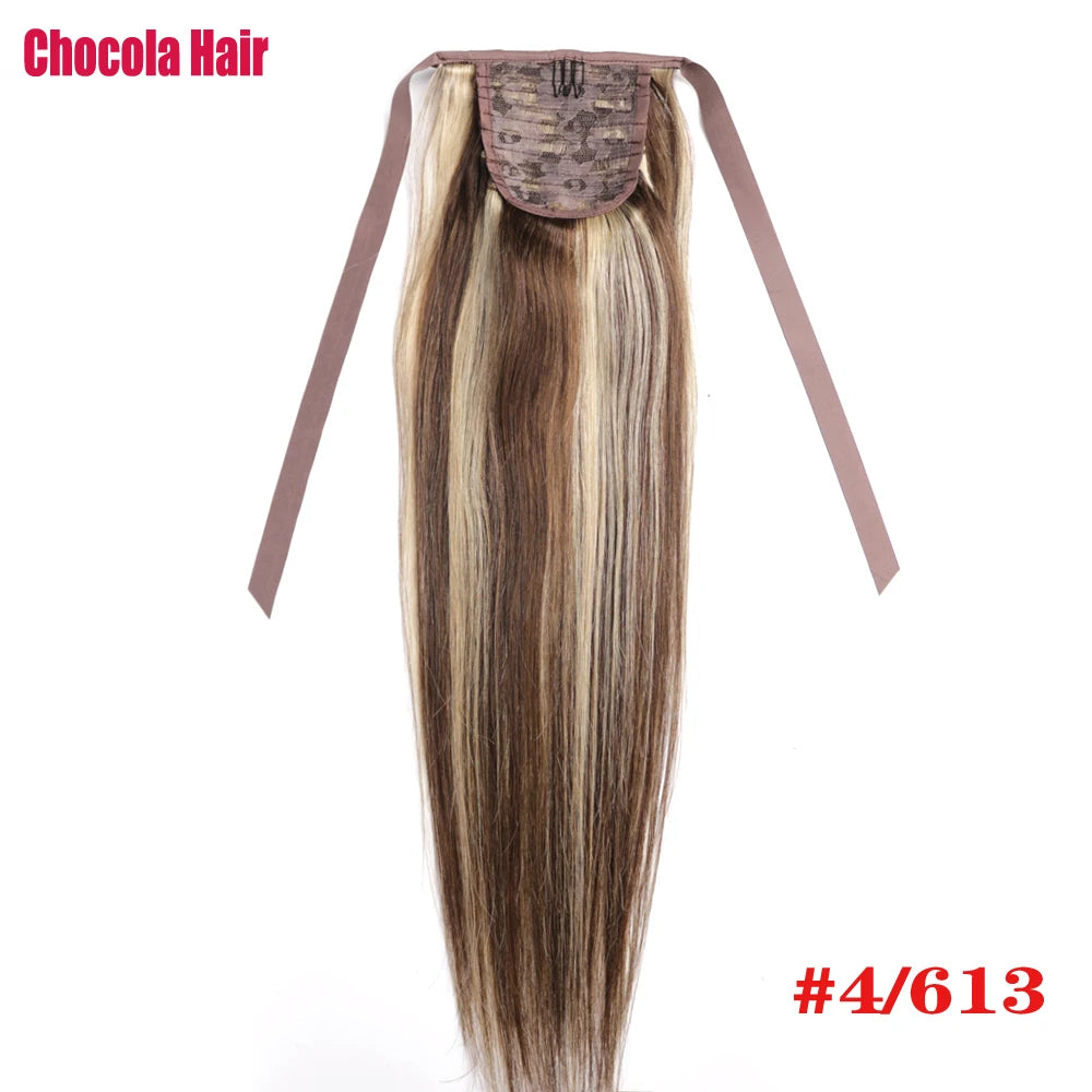 Chocola 16–18 inch Brazilian Remy straight ribbon ponytail clip-in, 100% human hair extension