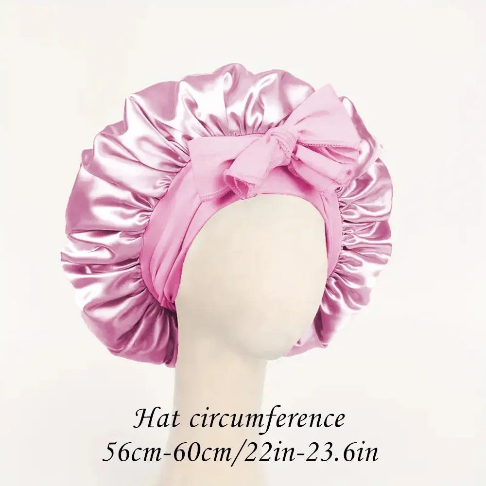 Silk satin adjustable sleeping hair bonnet with tie band, designed for women and men to protect hair during sleep.