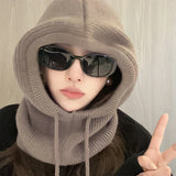 Women's knitted hooded balaclava hat with drawstring, one-piece neck warmer and beanie cap in Korean style