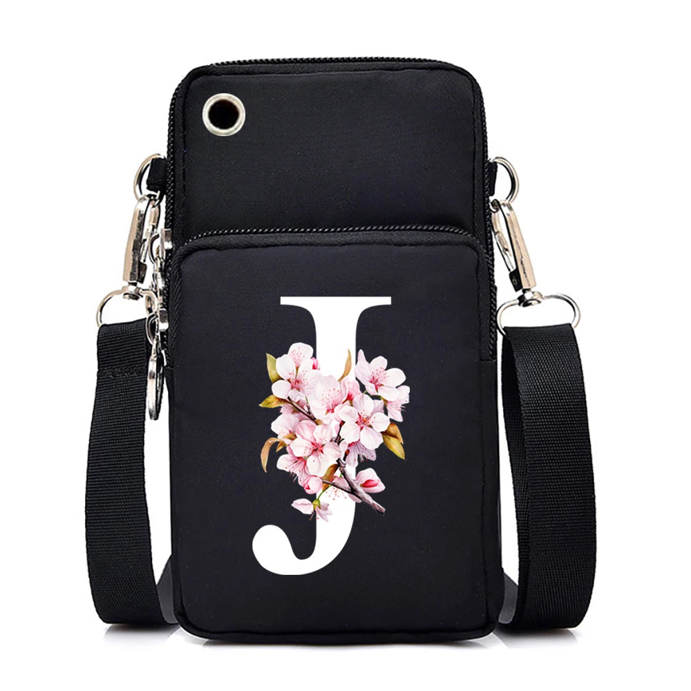 H Sakura alphabet floral print small crossbody handbag for women with mobile phone pocket, stylish messenger purse by HSF Marketplace