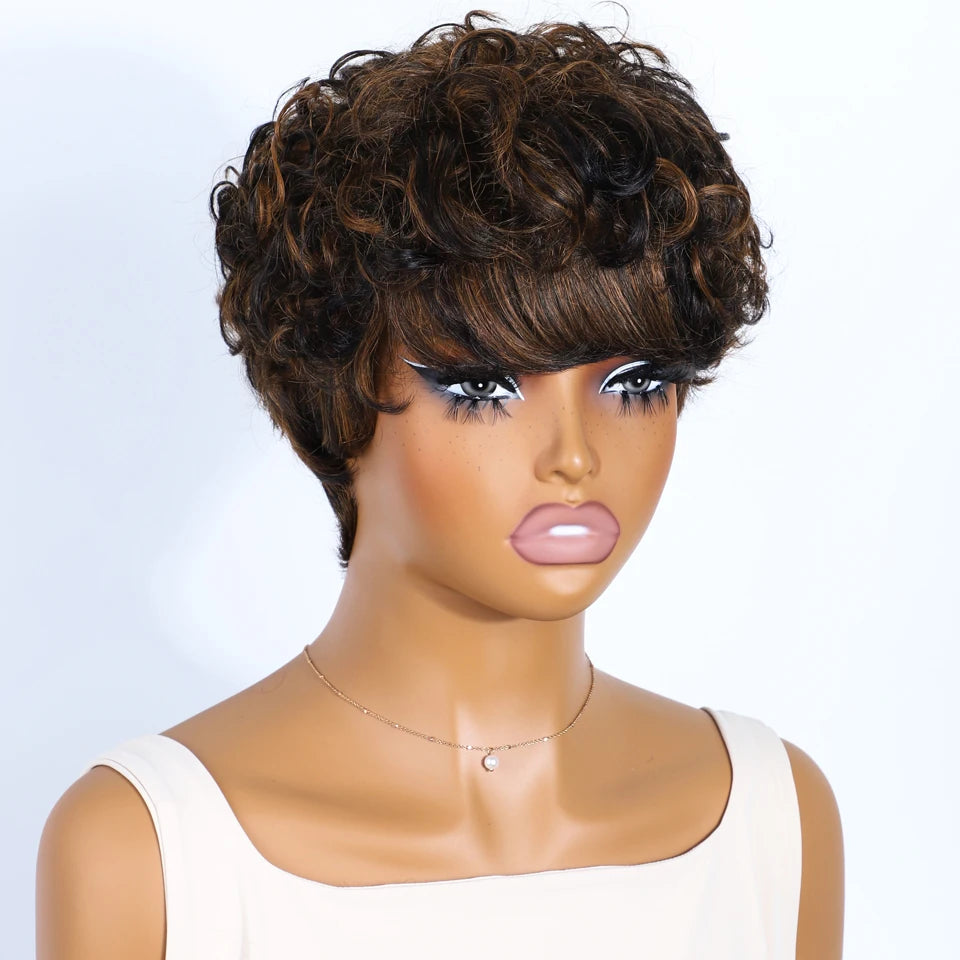 Rebecca short pixie cut curly human hair wig in mixed brown