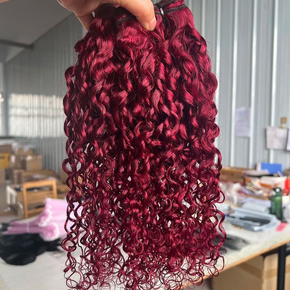 Pixie Curly Bundles with Closure 99J Burgundy Bundle with 4x4 Closure Brazilian Unprocessed Human Hair Weave Bundle with Closure