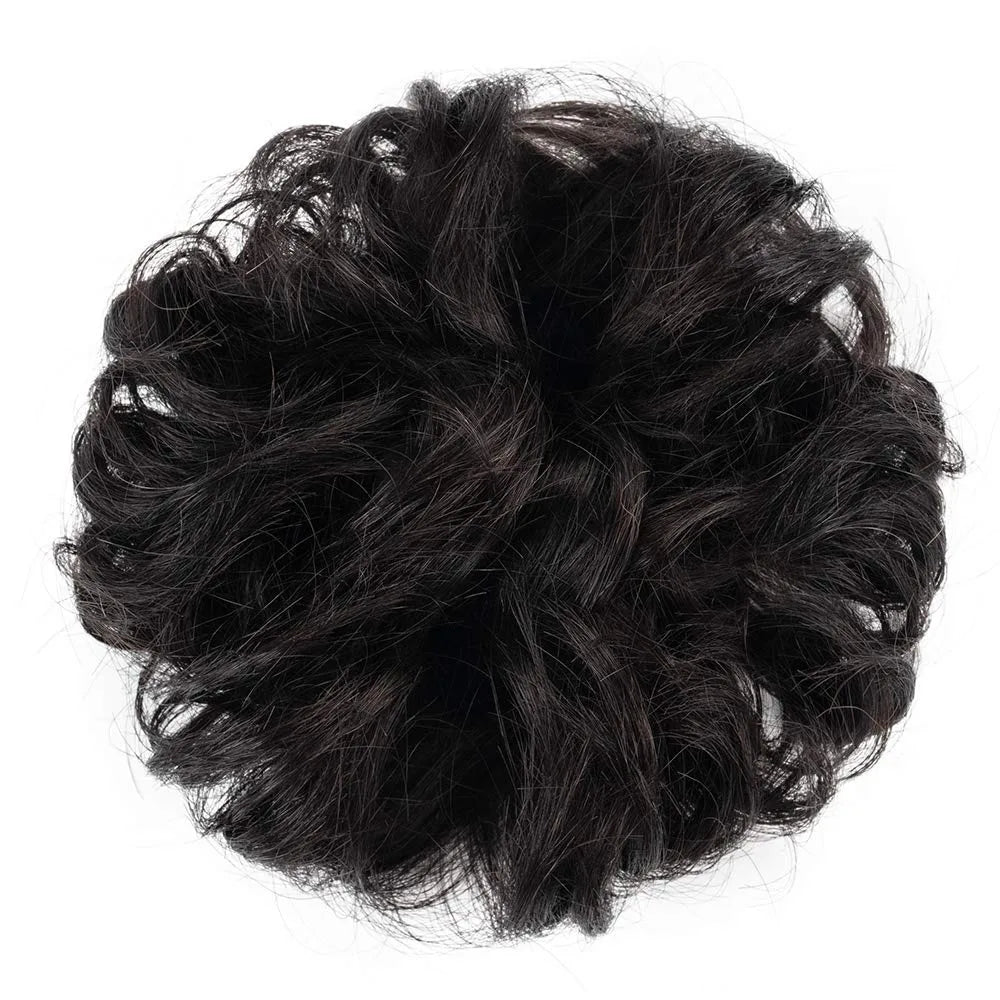Human hair bun ponytail extension in natural black with wavy, tousled chignon styling by HSF Marketplace