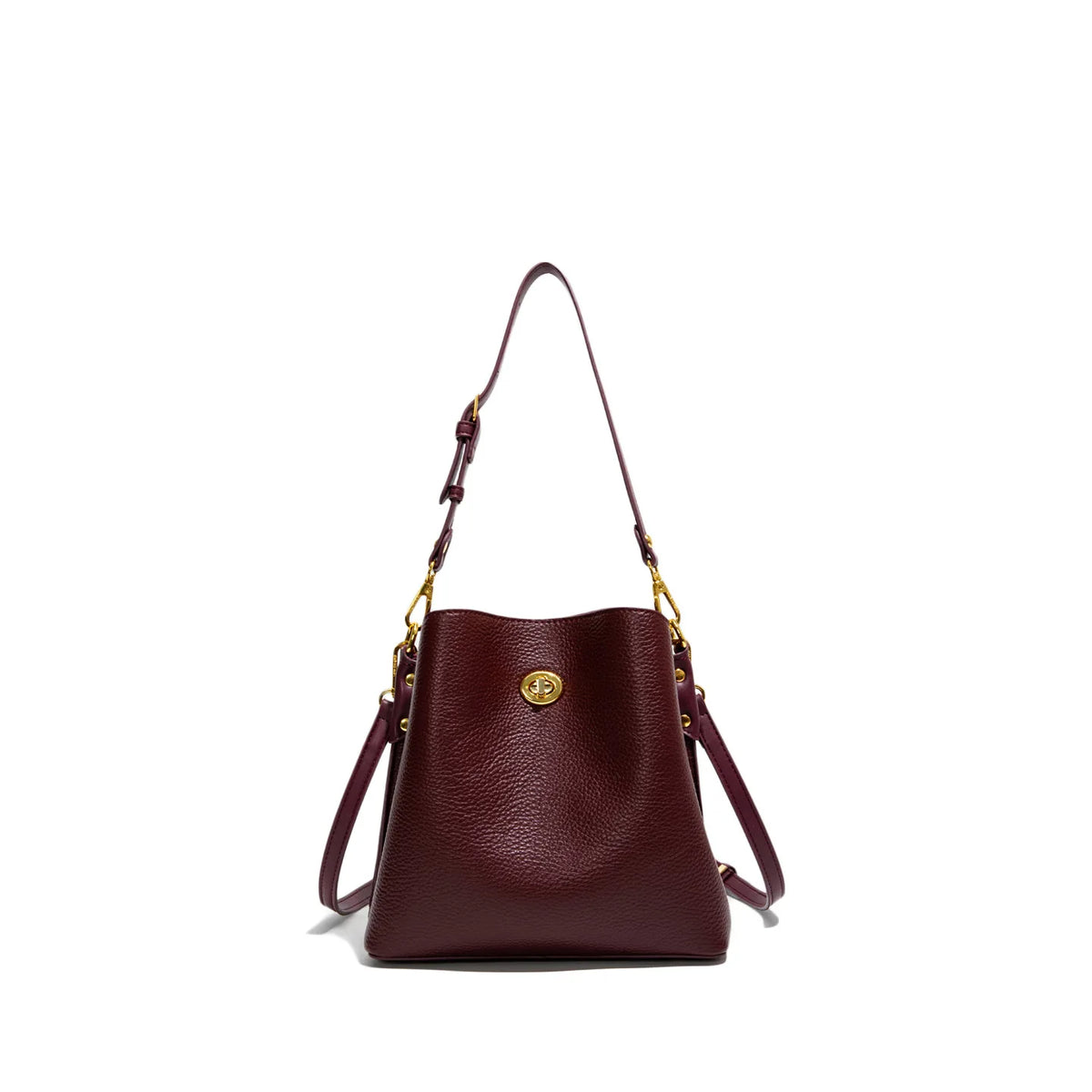 Elegant burgundy PU leather women's handbag featuring a large capacity bucket design and shoulder strap for versatile style