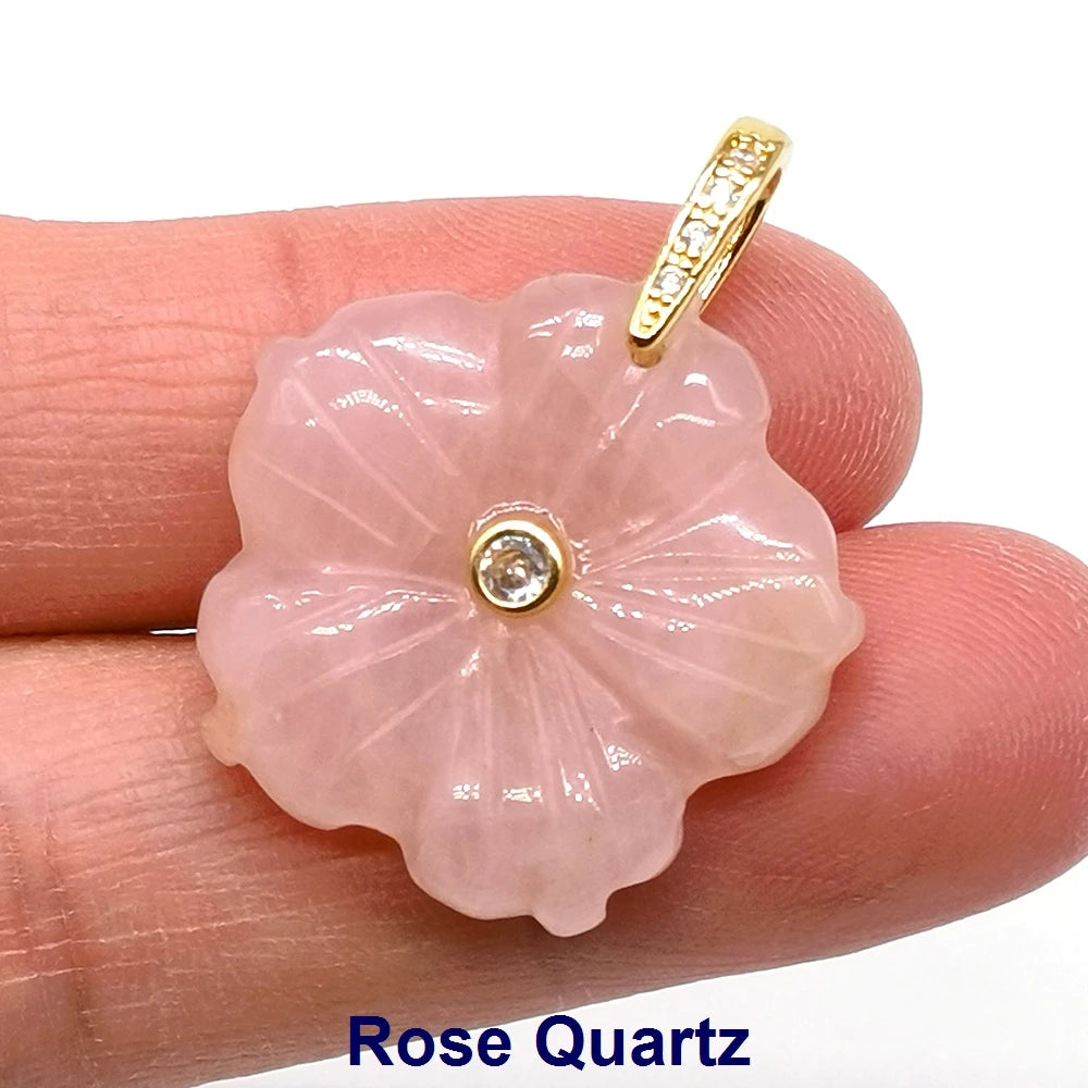 26mm Flower Shape Carved Natural Crystal Stones Amethyst Rose Quartz Tiger Eye Gemstone for Diy Necklace Pendant