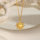 Stainless steel spiral sunflower pendant necklace for women, 18K gold plated, waterproof boho jewelry with stackable design.